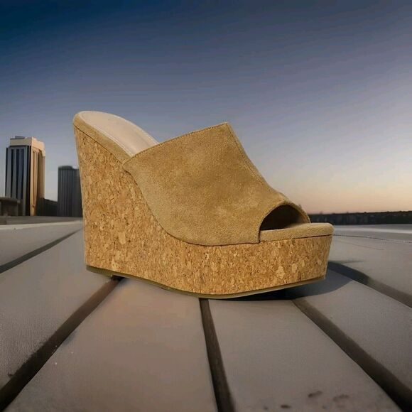 Unbranded Open Toe Beige Faux Suede 5.5" High Platform Cork Wedges Sandals Sz 10 - Picture 1 of 6